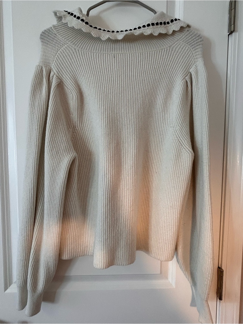 Cream Ruffled Collar Ribbed Sweater - Picture 3 of 3